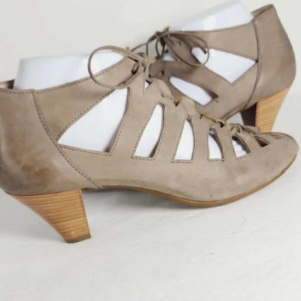 Paul Green Women's Prague UK 6,5 US 9 Tan Leather Lace-Up Peep Toe Heel Sandals